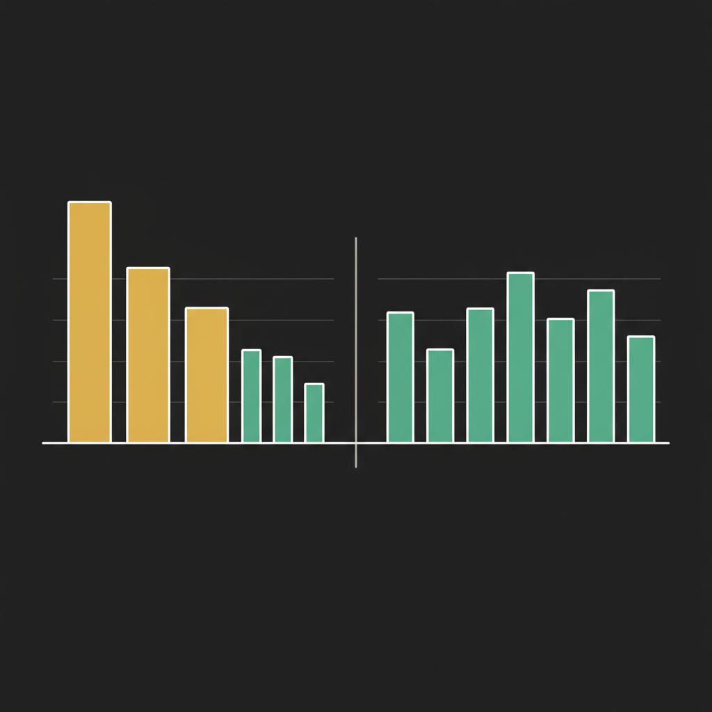 Minimalist 2D vector side by side bar charts comparing concentrated token allocation and equal distribution representing a crypto index fund on a dark background