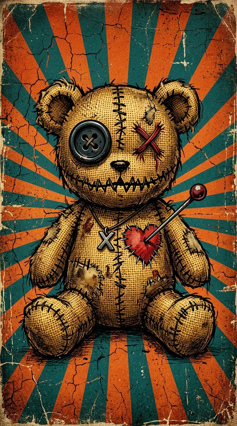 Stitched Voodoo Teddy Bear on Retro Distressed Sunburst - Free 4K mobile Wallpaper