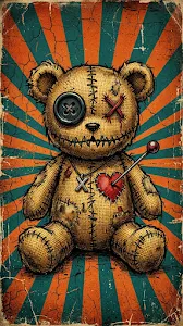 Stitched Voodoo Teddy Bear on Retro Distressed Sunburst
