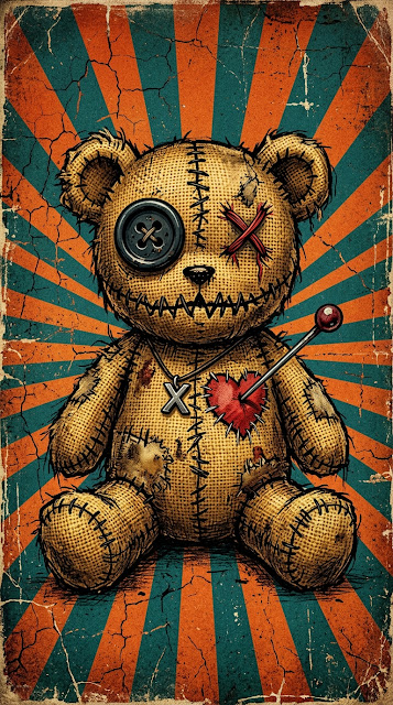 Stitched Voodoo Teddy Bear on Retro Distressed Sunburst - Free mobile Wallpaper