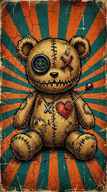 Stitched Voodoo Teddy Bear on Retro Distressed Sunburst