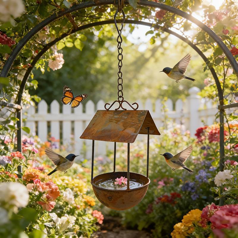 Hanging birdhouse made of iron in rust look
