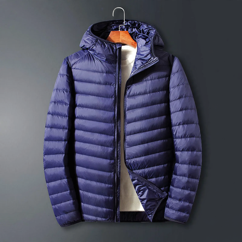 Lightweight men's down jacket with hood, white duck down lining