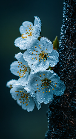 Blue Cherry Blossom Water Drops