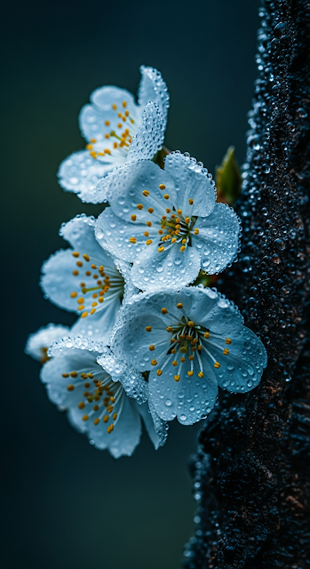 Close-up Macro of Light Blue Cherry Blossoms and Water Drops on Dark Bark - Free mobile Wallpaper