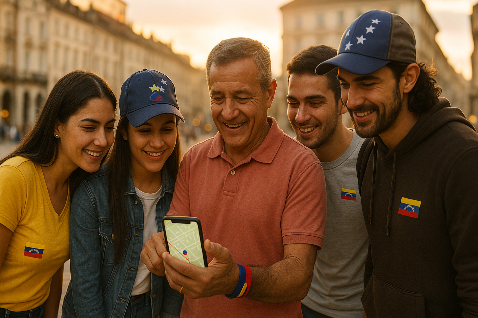 Venezolanos consultando un mapa en el móvil en una ciudad extranjera