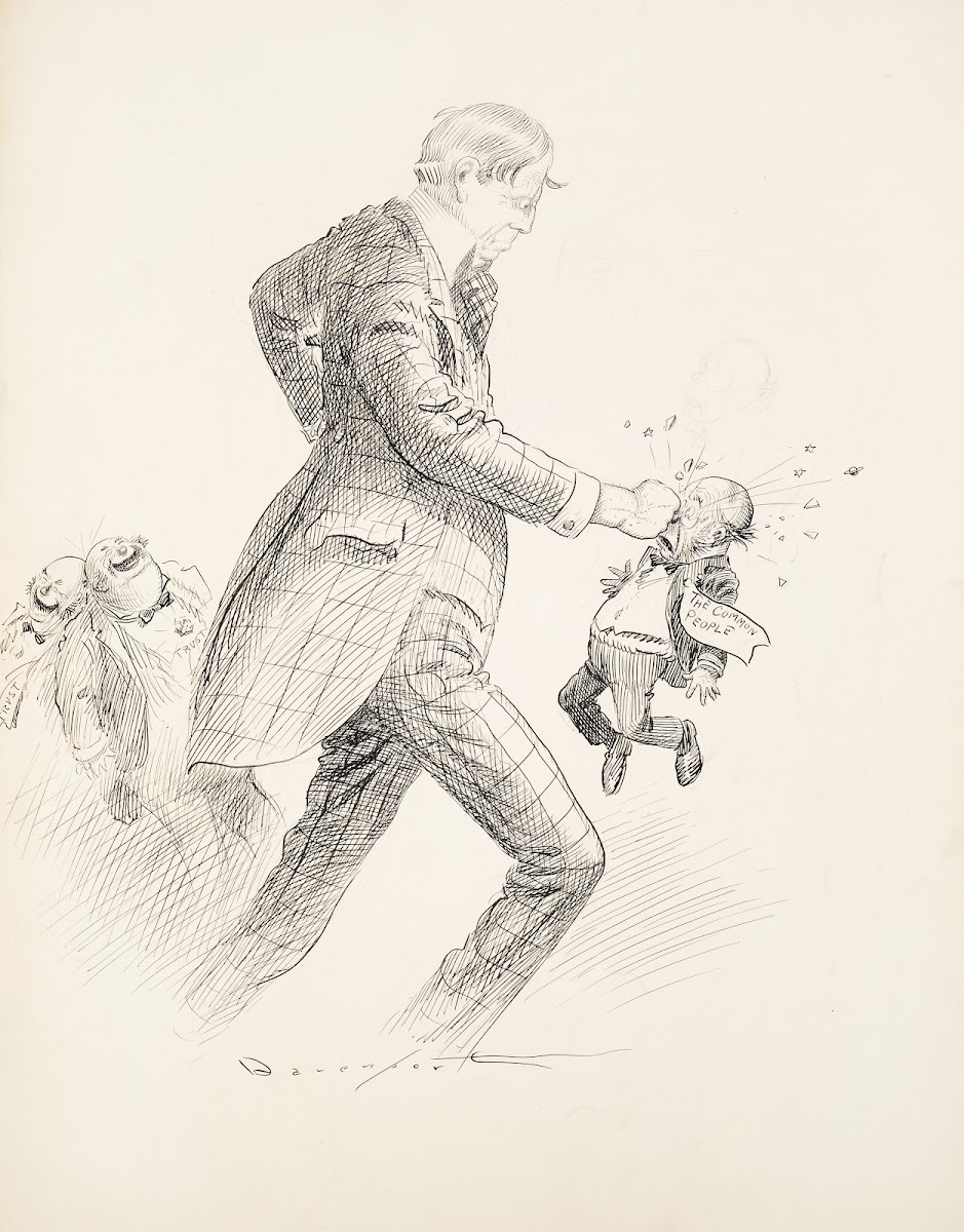 William Randolph Hearst punches a small man representing the common people while