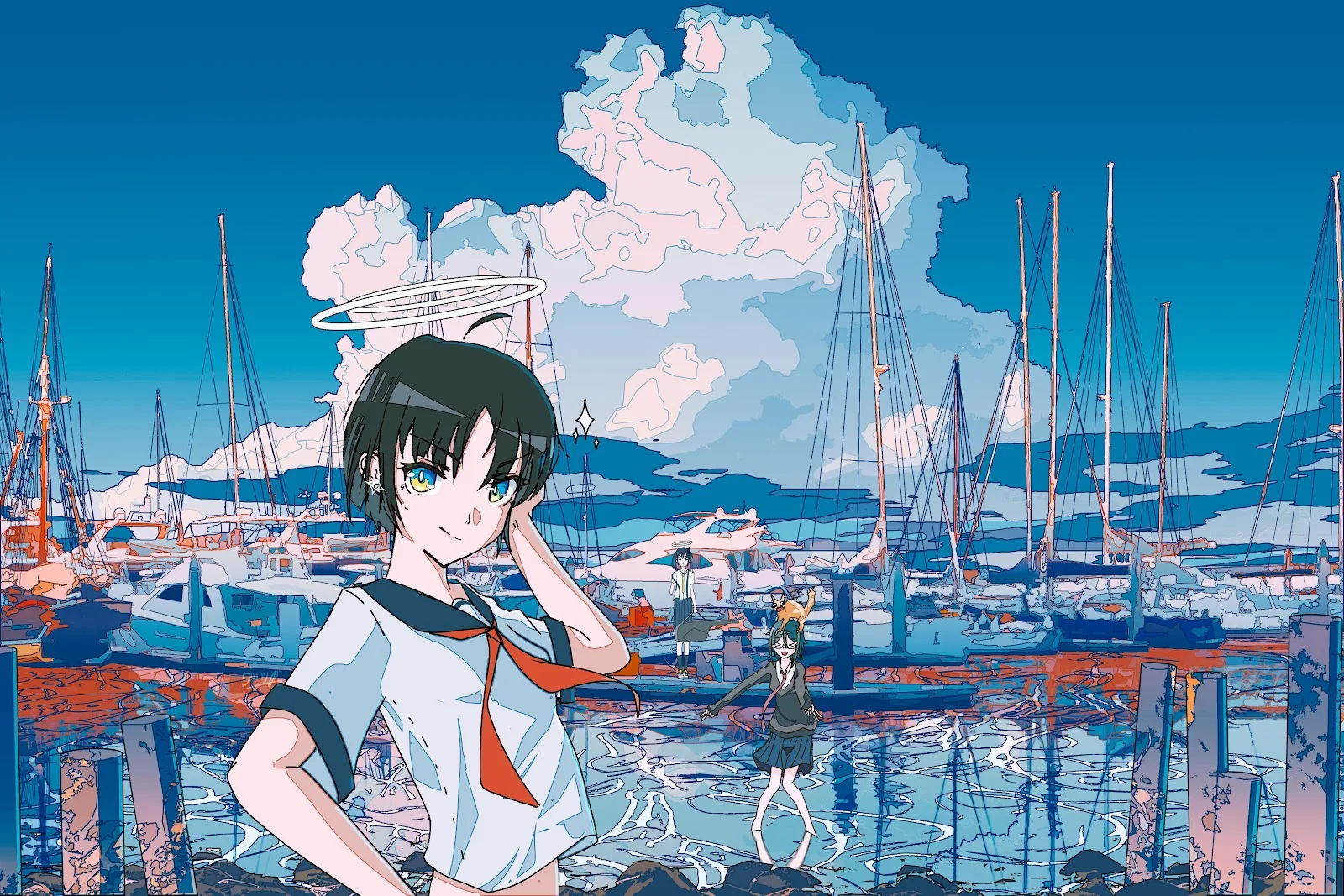 Anime Girl At Sunny Harbor - Anime Illustration 5K Wallpaper (6000x4000)