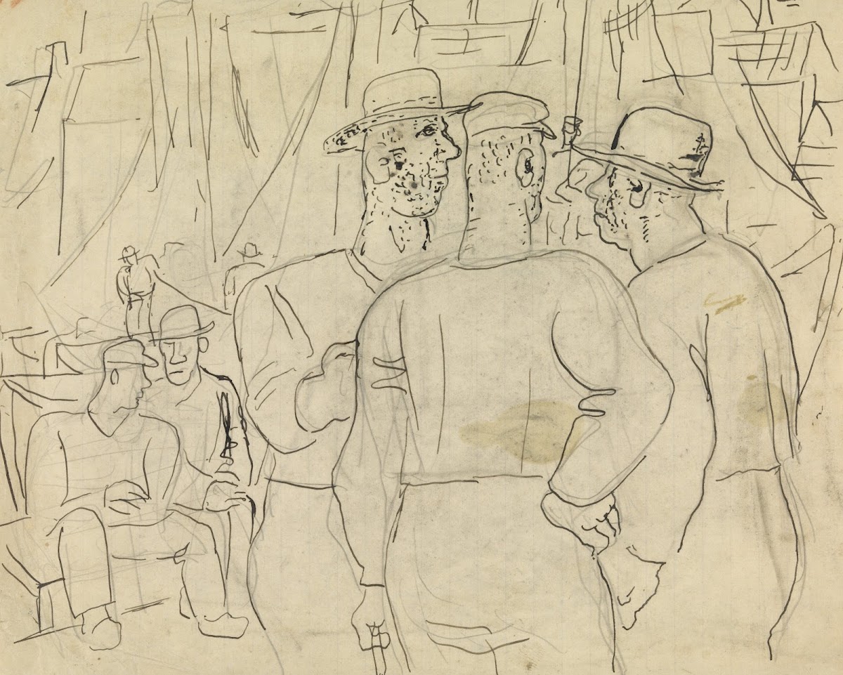 Schetsblad met vissers in een haven 20th century