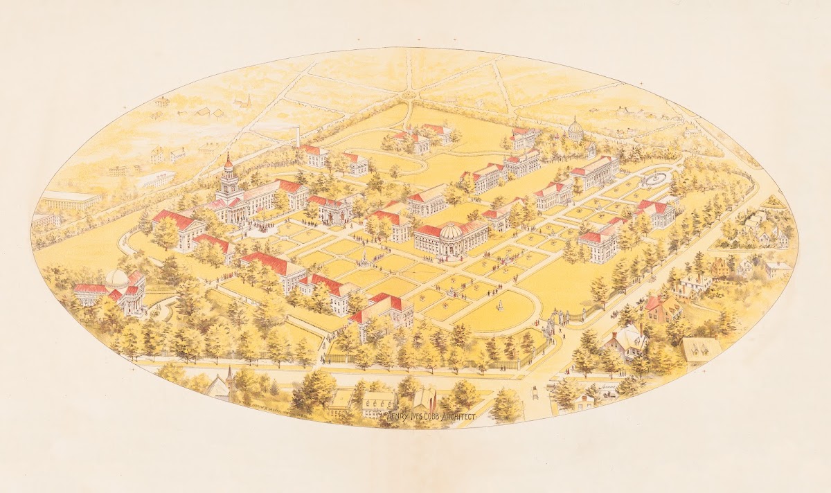 Official birds eye view of the American University Washington DC showing grounds