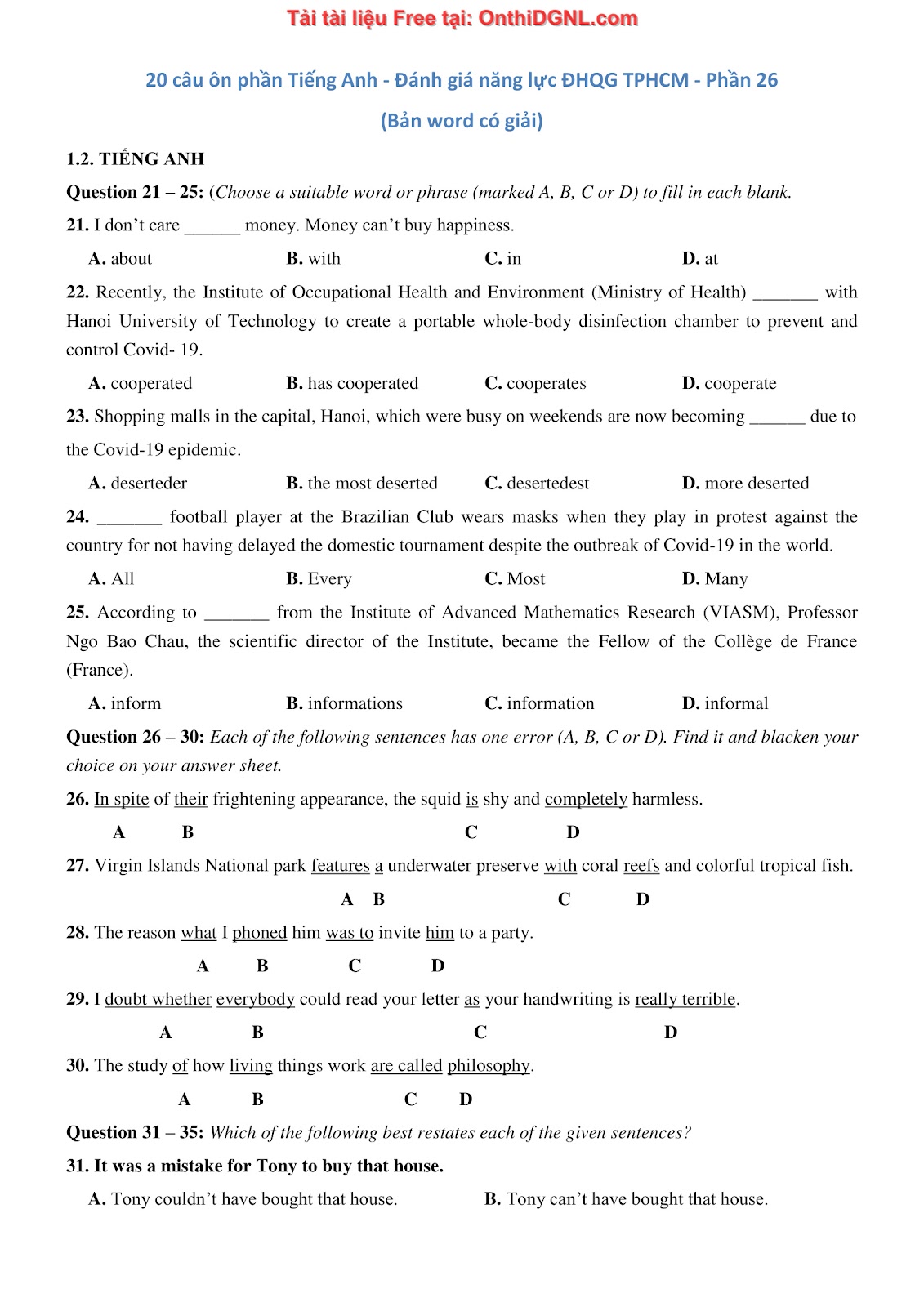 800 bài tập môn Tiếng Anh - Ôn thi ĐGNL ĐHQG TP HCM Phần 26
