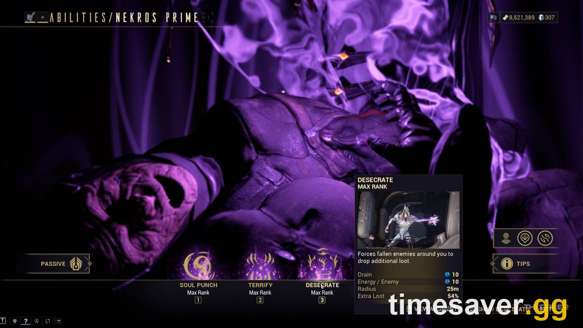 Nekros's Desecrate ability — forces fallen enemies to drop additional loot, the reason he's the game's premier farming frame