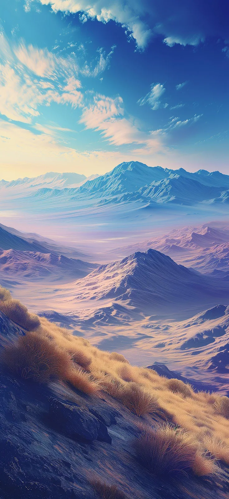 Majestic Blue Mountain Valley Scenery - Digital Landscape Art 2K iPhone Wallpaper (1472x3200)