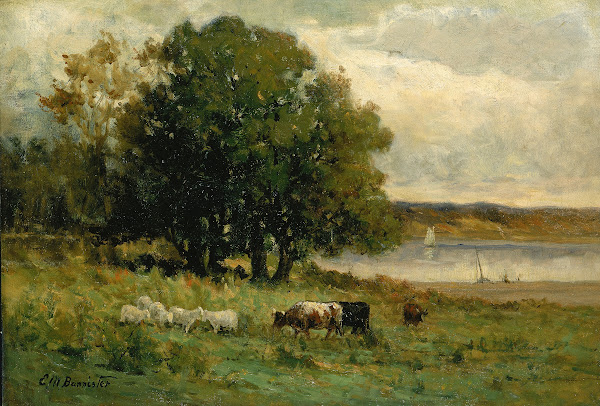 Untitled cattle near river with sailboat in distance