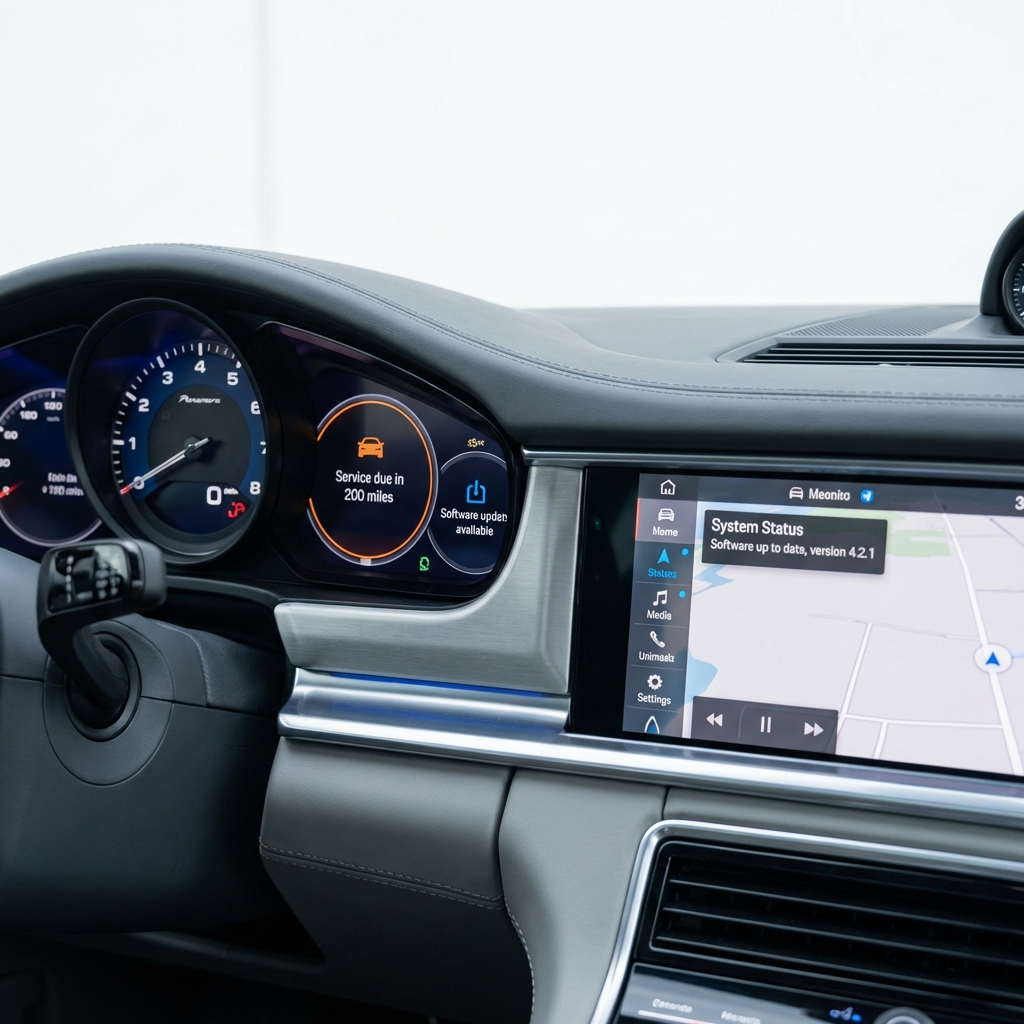 Close up of Porsche Panamera instrument cluster and infotainment screen showing service reminder and software details porsche panamera for sale