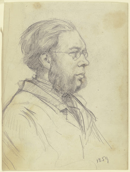 Brustbild eines Mannes nach links mit Gabelbart und Brille 1859