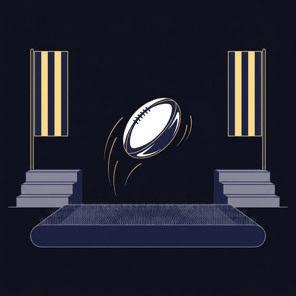 Minimal 2D vector of a contested lineout with rugby ball mid air above the pitch line and two opposing team banners minimalist Funded Plays color palette six nations odds