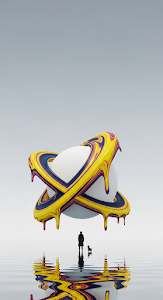 Minimalist Surreal Digital Art of a Golden Ringed Planet with a Figure and Dog on Reflective Water