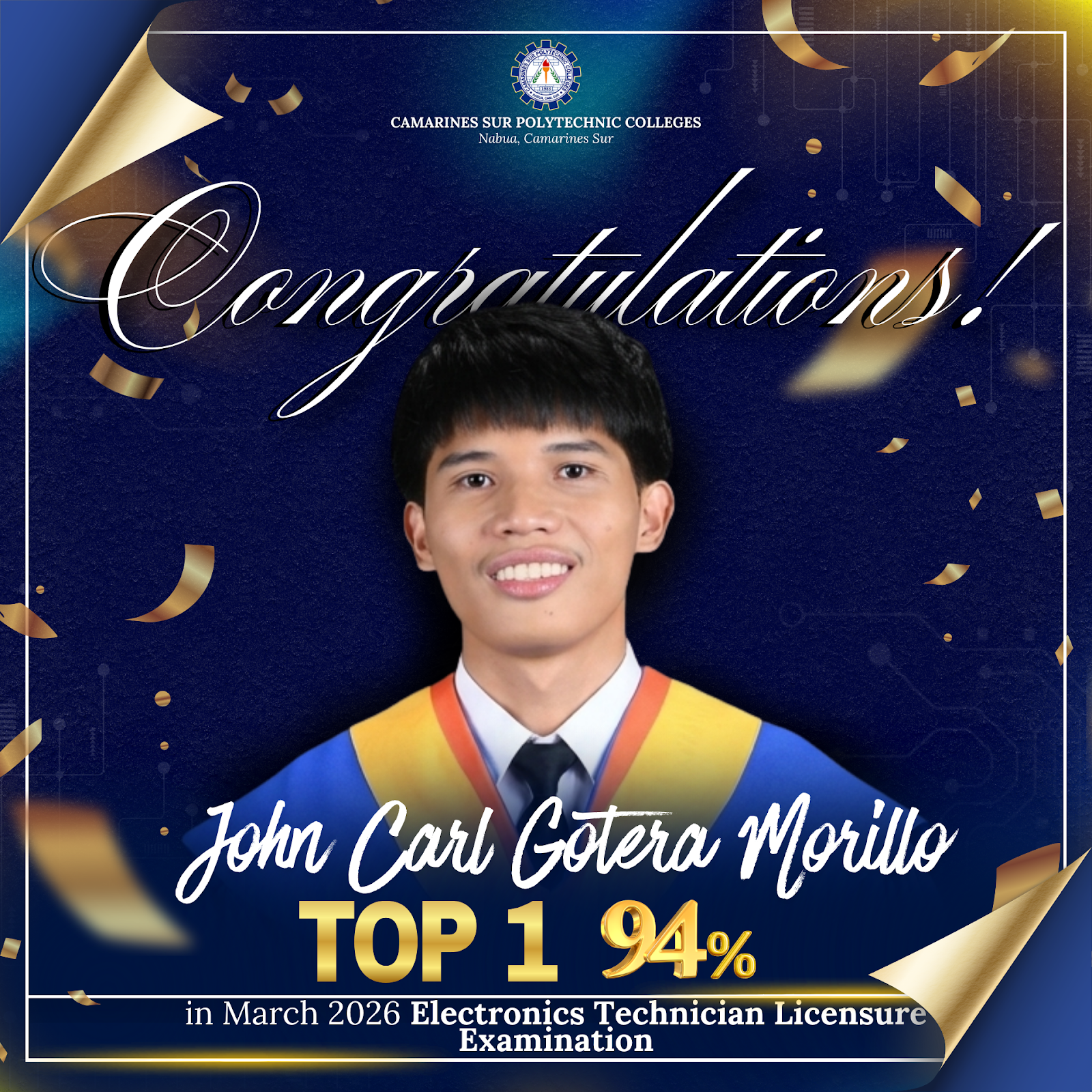 𝗖𝗦𝗣𝗖’𝘀 𝗣𝗿𝗶𝗱𝗲: 𝗝𝗼𝗵𝗻 𝗖𝗮𝗿𝗹 𝗚𝗼𝘁𝗲𝗿𝗮 𝗠𝗼𝗿𝗶𝗹𝗹𝗼 𝗧𝗼𝗽𝘀 𝘁𝗵𝗲 𝗘𝗹𝗲𝗰𝘁𝗿𝗼𝗻𝗶𝗰𝘀 𝗧𝗲𝗰𝗵𝗻𝗶𝗰𝗶𝗮𝗻 𝗟𝗶𝗰𝗲𝗻𝘀𝘂𝗿𝗲 𝗘𝘅𝗮𝗺𝗶𝗻𝗮𝘁𝗶𝗼𝗻