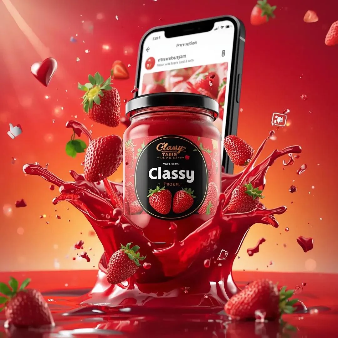 Escena publicitaria ultrarrealista de un producto alimenticio que muestra un frasco de vidrio con la etiqueta "Mermelada de fresa de clase"...