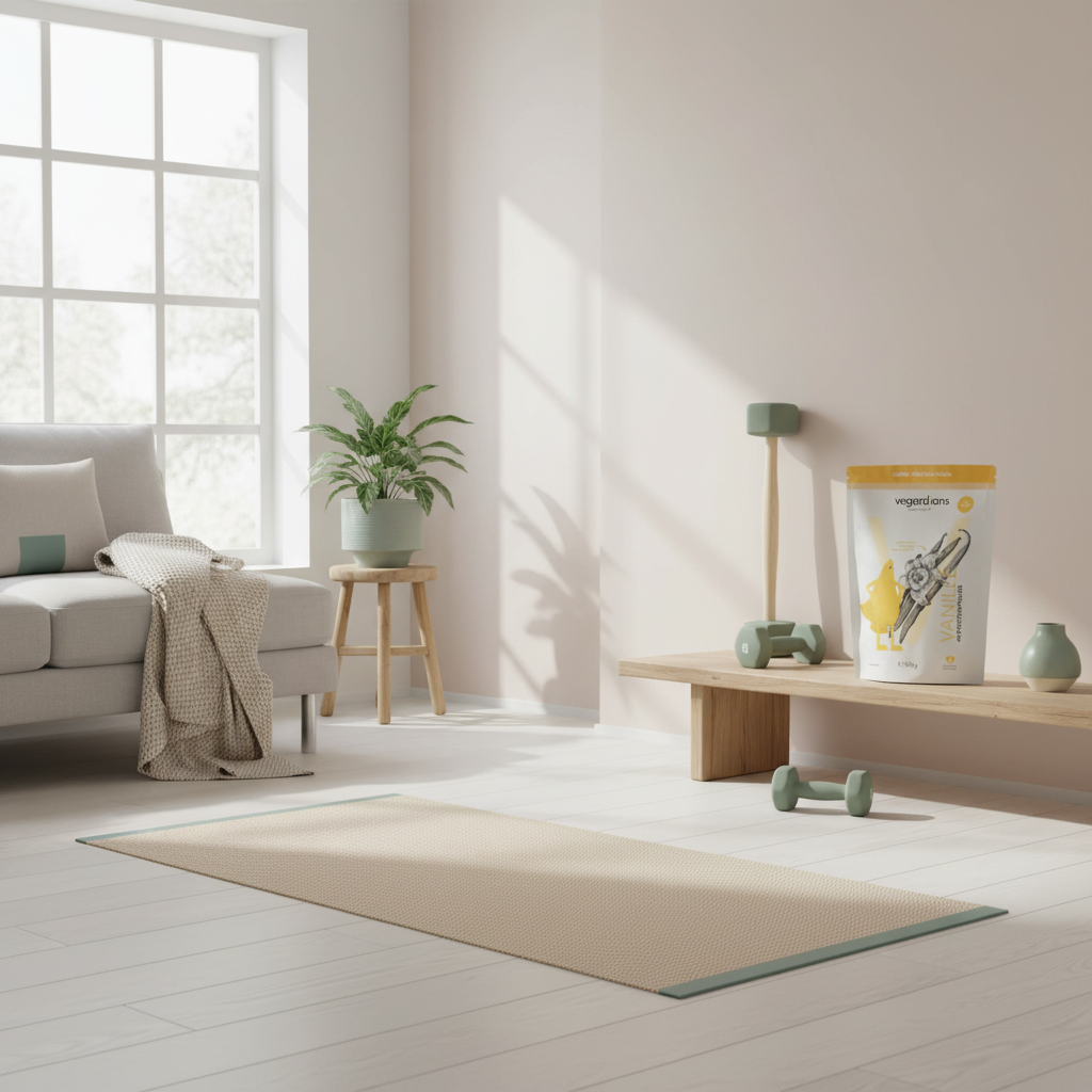 Minimalistische Heimtrainingsszene mit Yogamatte, Kurzhanteln und Hantelstange am Fenster; Pflanzen und Winterlicht vermitteln Ruhe und Motivation; stoffwechsel ankurbeln krafttraining