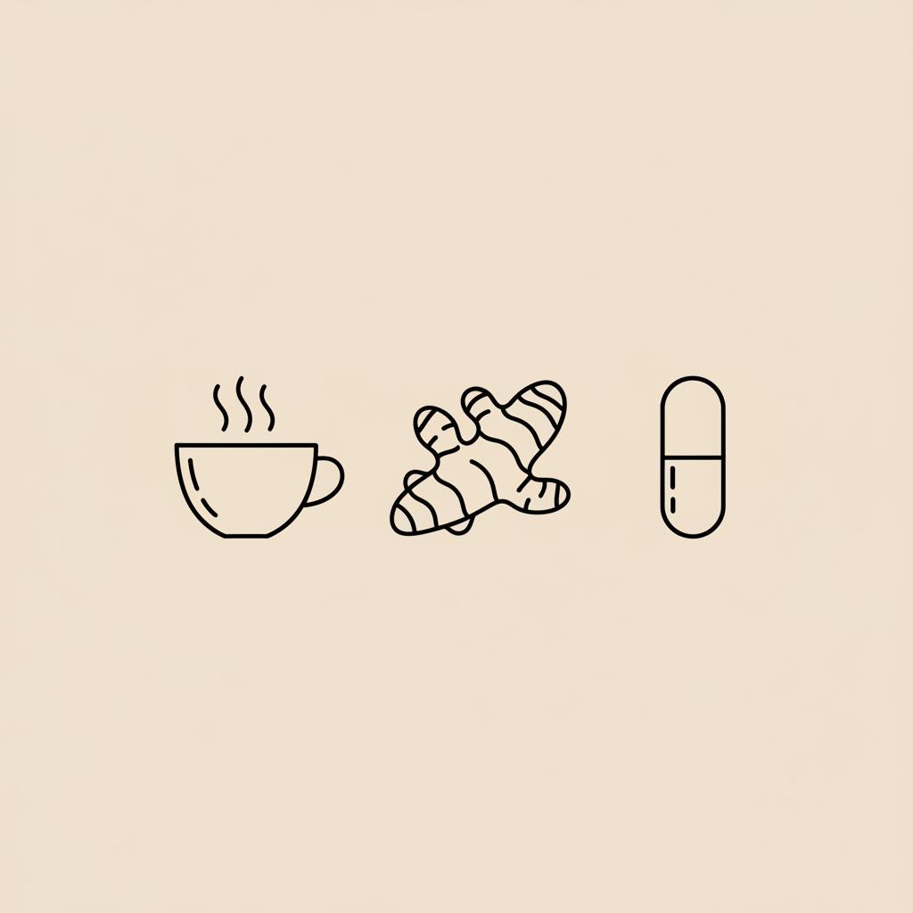 Minimalist line illustration of a tea cup, turmeric root and capsule on a beige background, illustrating herbs for belly fat.