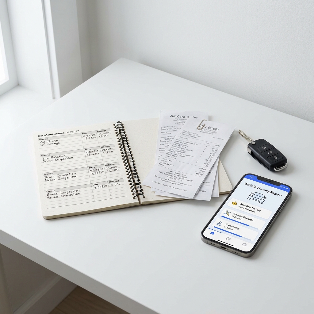 Close up of car maintenance logbook service receipts key fob and smartphone showing vehicle history report with blue accent highlights for most reliable car brands
