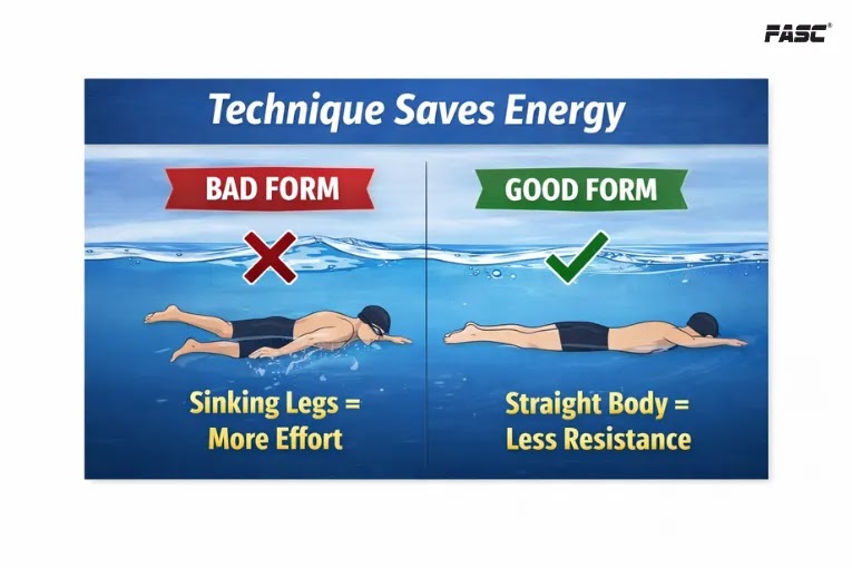 Swimming technique to save energy