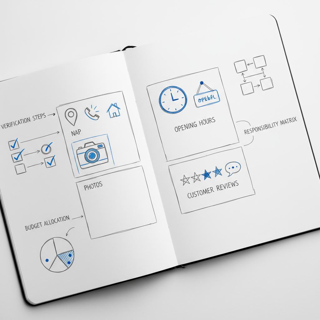 Close-up notebook spread with sketches of a Yelp business listing checklist: NAP, photos, hours, reviews, phone, map pin, camera, star icons in Agency Visible colors