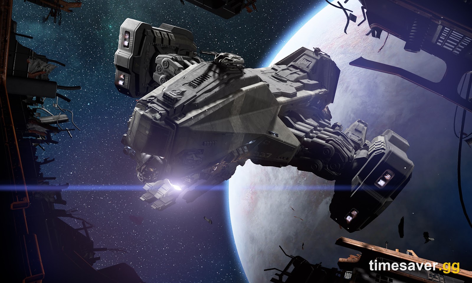 Aegis Reclaimer salvage ship approaching a field of ship wreckage in space