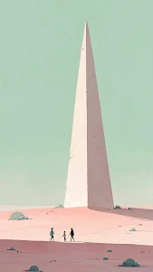 Minimalist Desert Landscape with Tall Pale Obelisk Structure