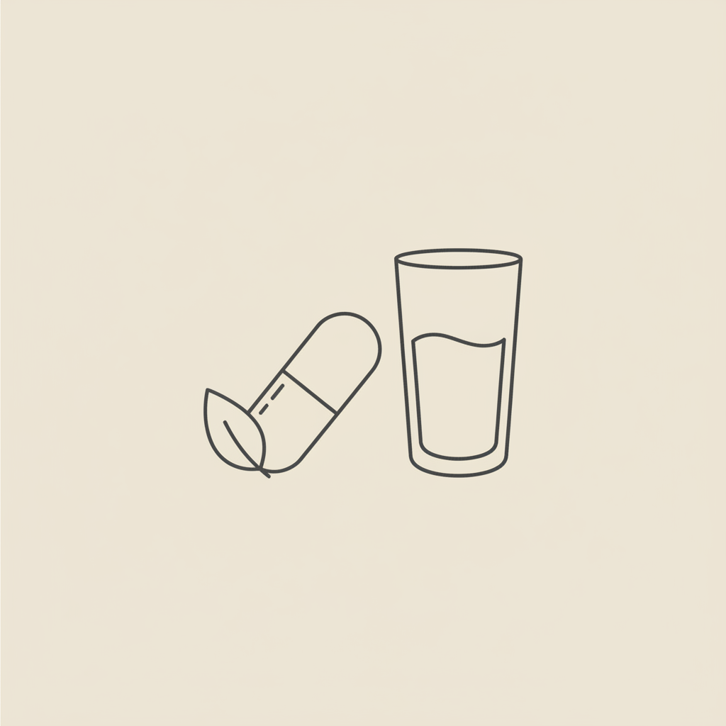 Minimalist Tonum-style line illustration of a capsule, leaf, and water glass on beige background representing fat burning supplements