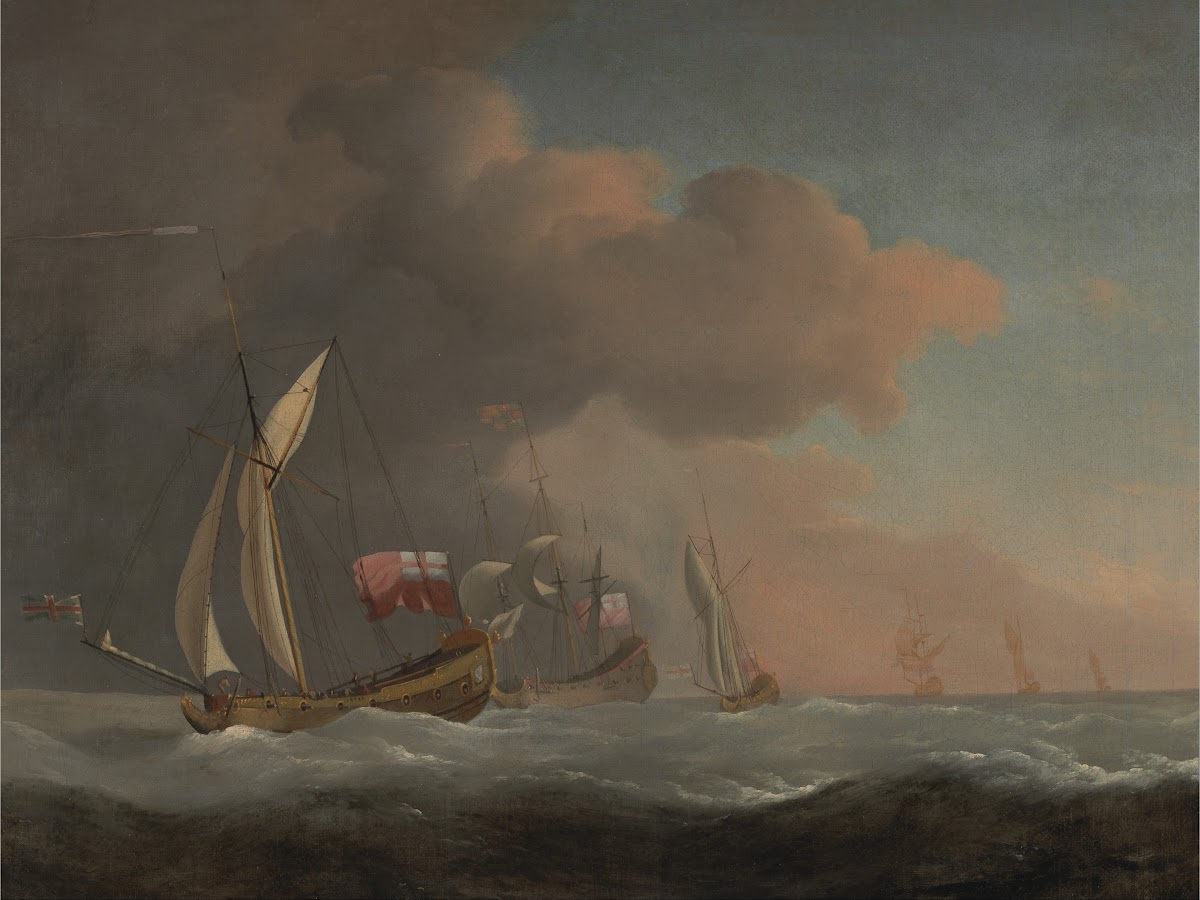 English Royal Yachts at Sea in a Strong Breeze in Company with a Ship Flying the