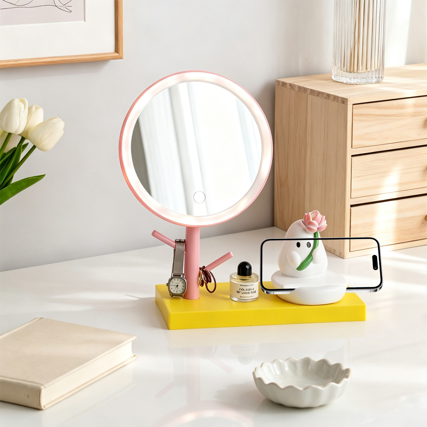 LED Makeup Mirror with Phone Holder and Lighting