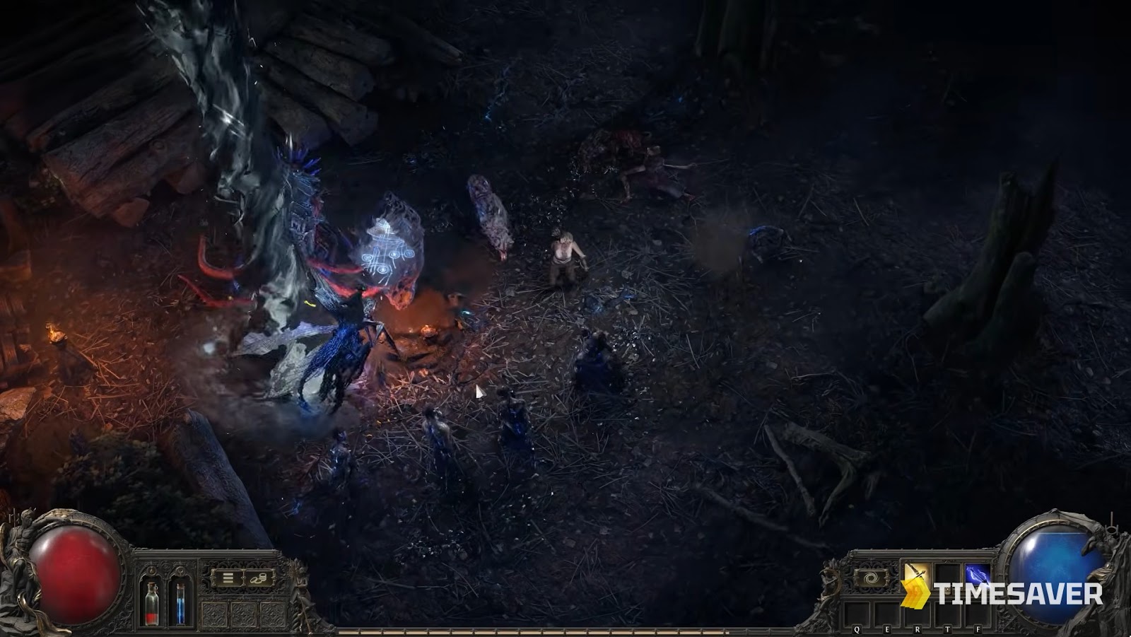 A Path of Exile 2 character fighting an empowered monster pack in a Runes of Aldur encounter