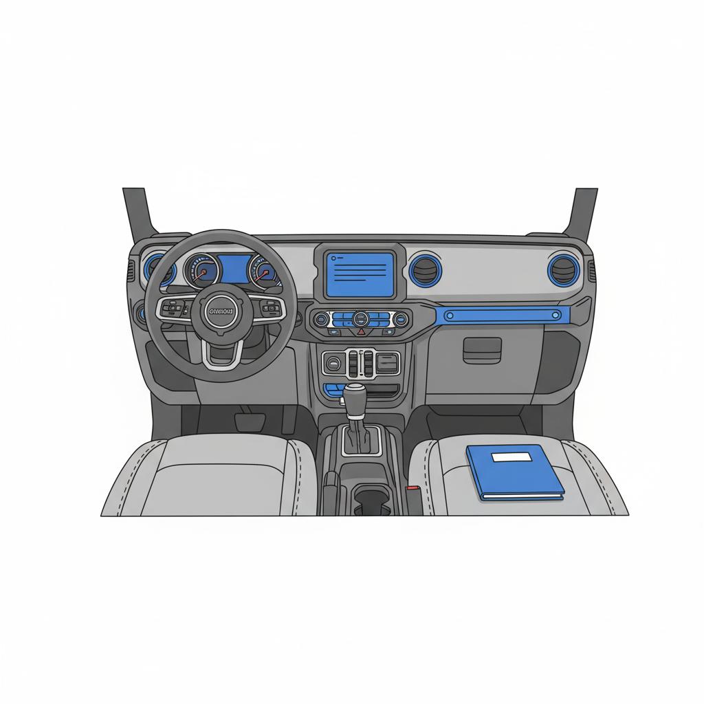 jeep wrangler for sale minimalist vector interior showing dashboard infotainment and a service record folder on the passenger seat