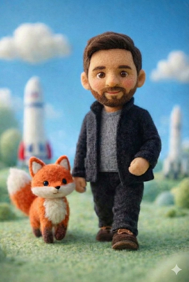 Una escena en miniatura hecha a mano en fieltro que presenta un personaje de muñeca de lana suave con rasgos faciales simplificados, redondos...
