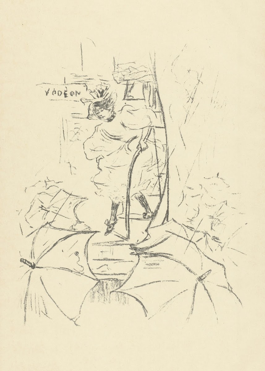 Woman walks down stairs in the rain at Théâtre LOdéon in Paris 1893 1895