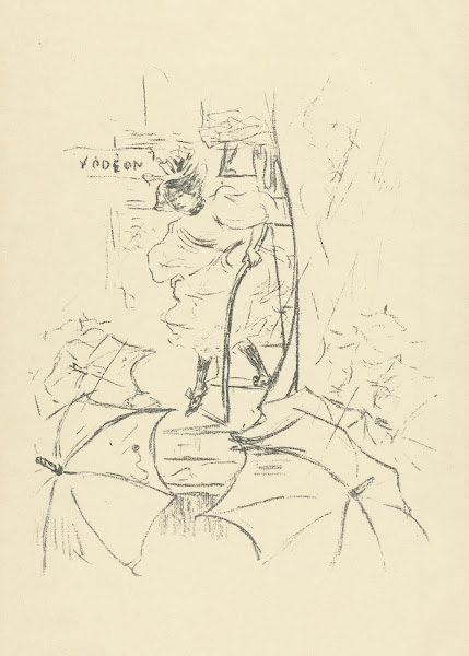 Woman walks down stairs in the rain at Théâtre LOdéon in Paris 1893 1895
