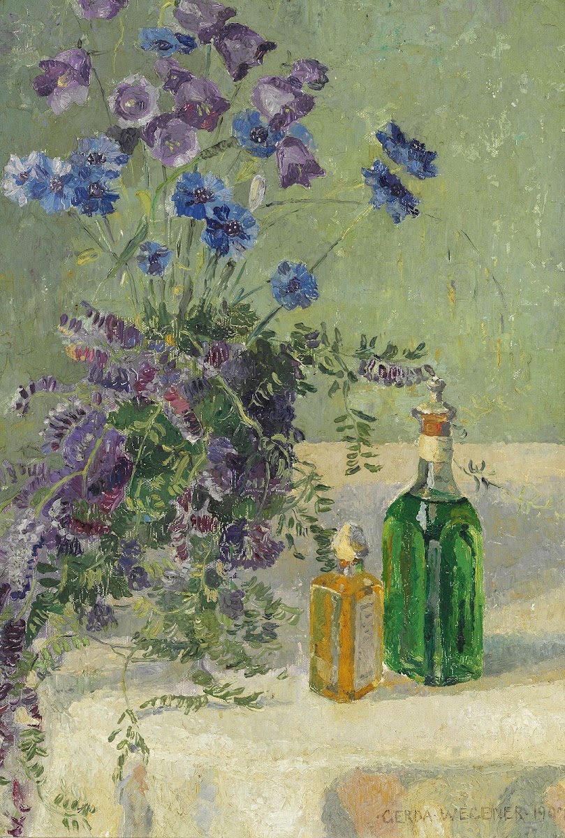 Still life with blue flowers and two bottles on a table 1907