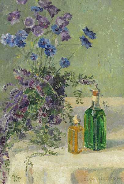 Still life with blue flowers and two bottles on a table 1907