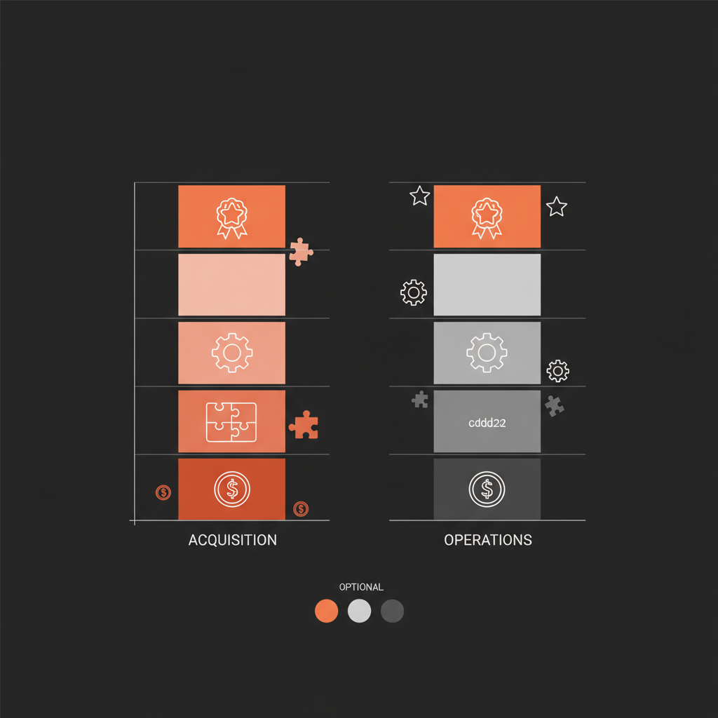 Minimal 2D vector infographic comparing acquisition vs operations costs with stacked bars and icons for purchase price, integration, operations, reputation – How much is TikTok if you buy it?