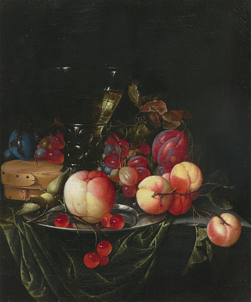 Still life with pears grapes and plums