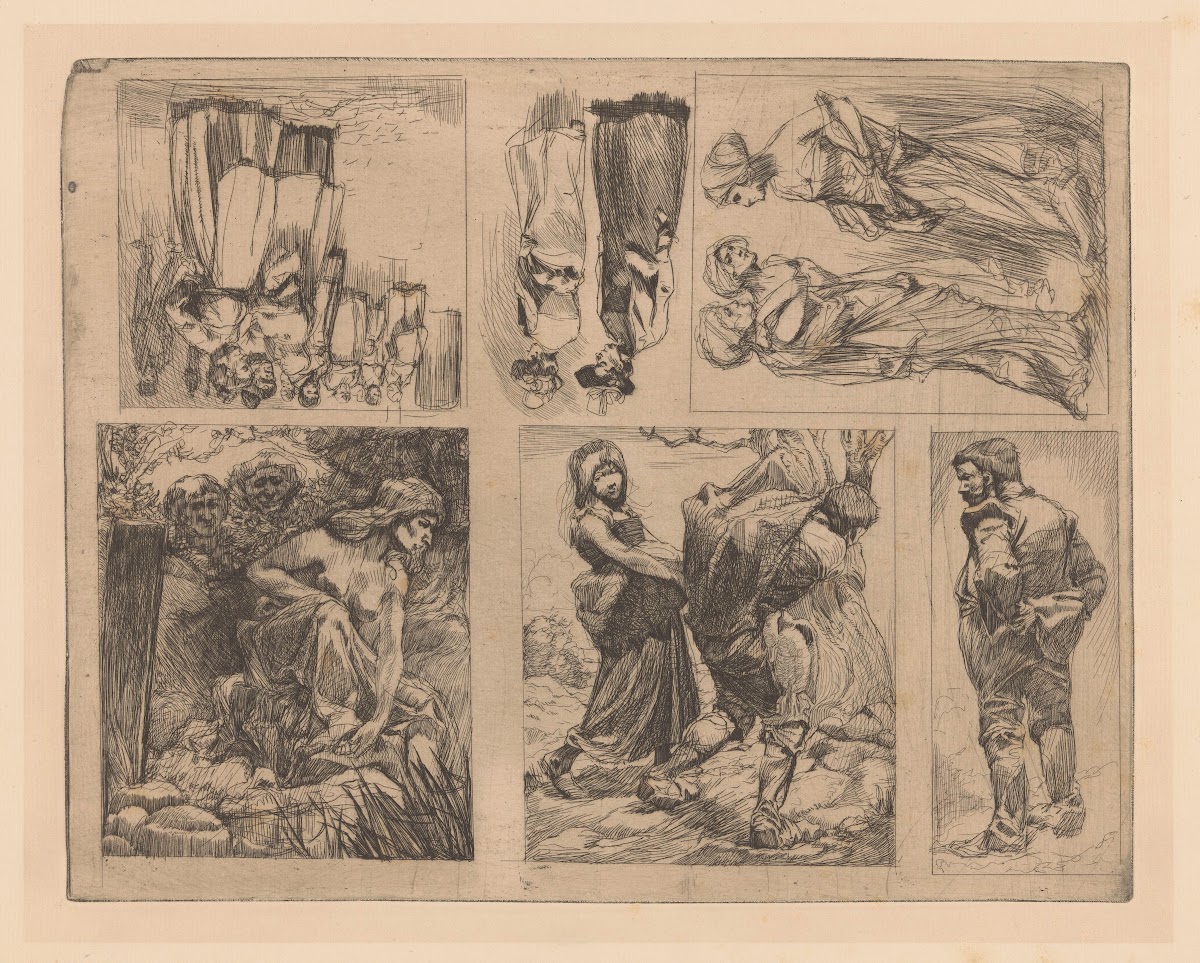 Zes voorstellingen met menselijke figuren