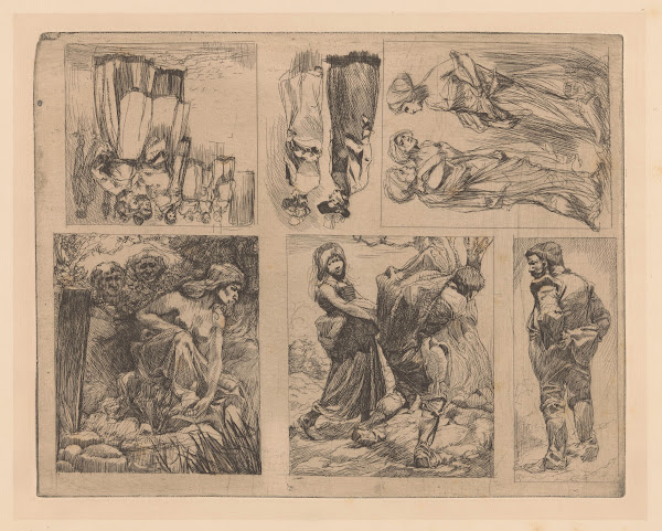 Zes voorstellingen met menselijke figuren