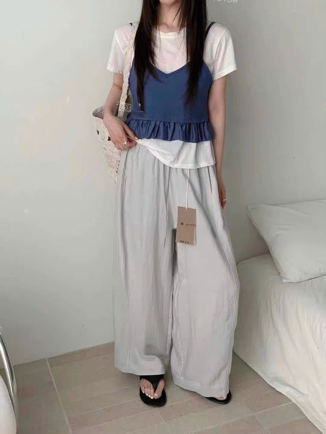 Quần ống rộng vải Tang trơn lưng chun đường li trước XONXEN SHOP 1519