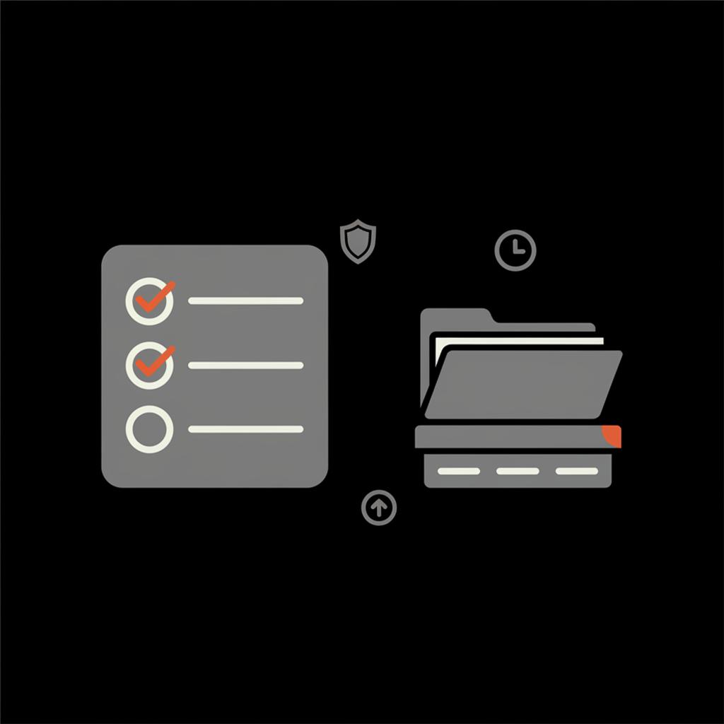 Minimal 2D vector infographic of a checklist with orange ticks and archived files icons on black background, representing a permanent live ban on TikTok.