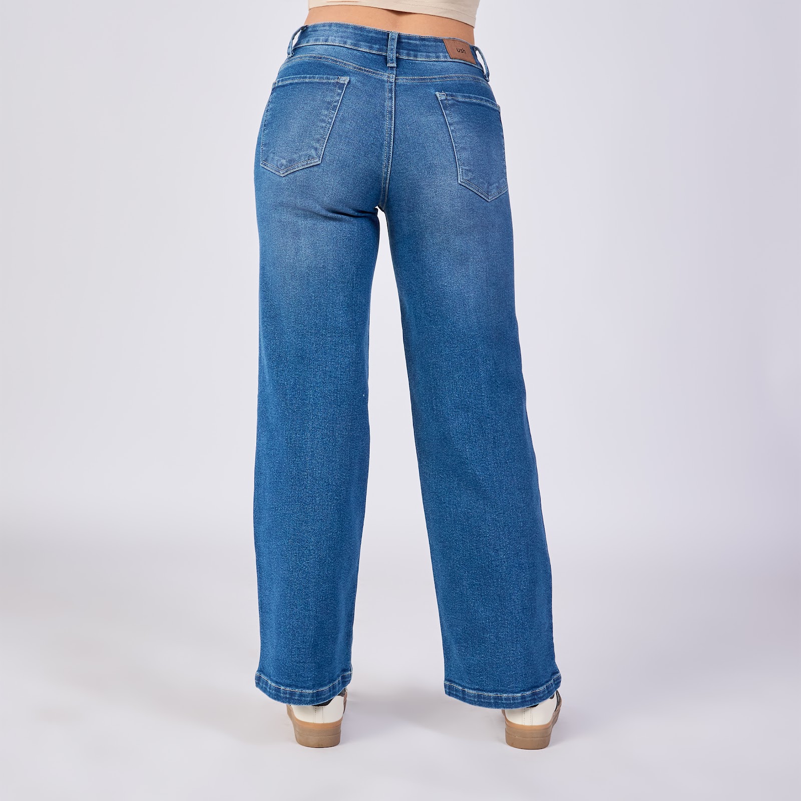 Jean wide leg licrado tiro medio, color azul medio 100% algodón - Vista 4