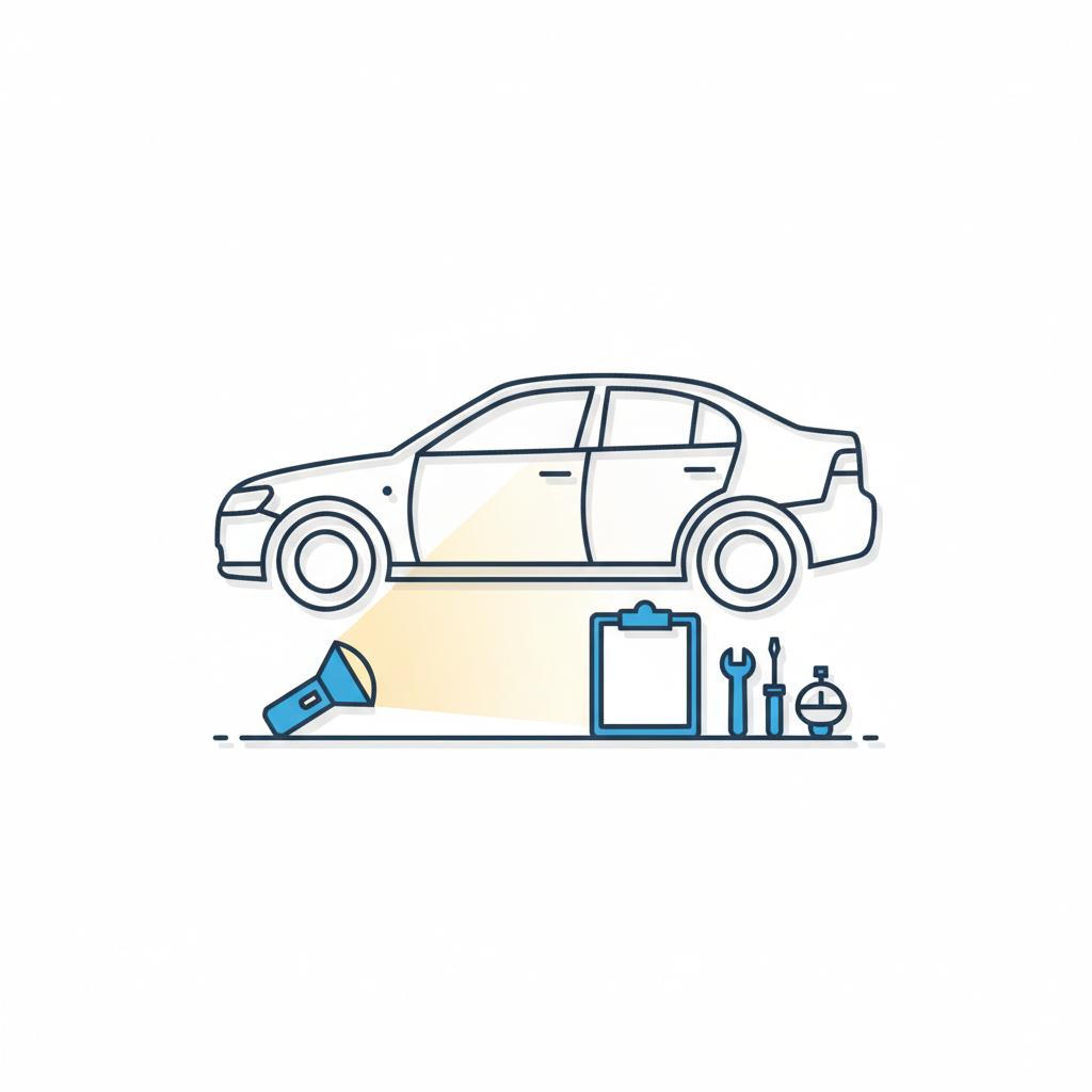 Minimalist 2D vector of a car undercarriage inspection with flashlight and blue accented clipboard and tools on white background best mileage to buy a second hand car