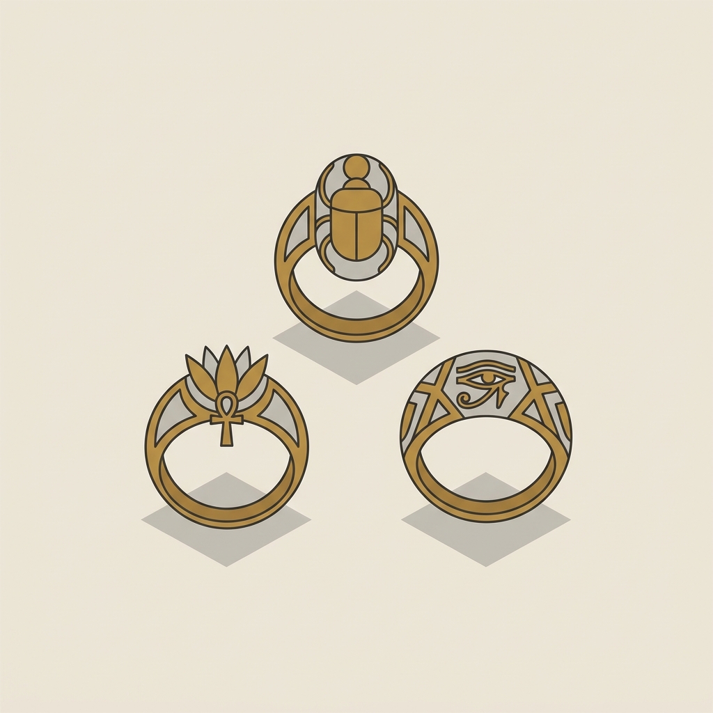 Minimal 2D vector illustration of three ancient egyptian rings arranged on a neutral Aurora Antiqua background with warm gold accents and dark linework